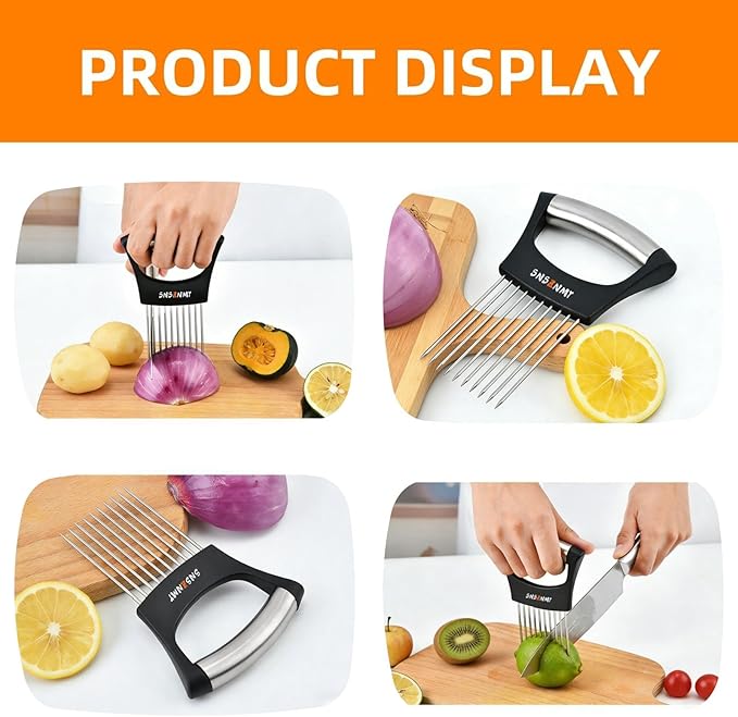 Onion Holder for Slicing, Upgrade Stainless Steel Onion Slicer Holder Lemon Slicer Vegetable Cutter, Assistant Tool for Slicing Fruit, Potato, Tomato and Meat (1 Pack)