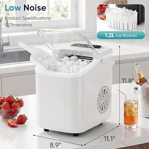 DUMOS Ice Maker, Nugget Ice Machine Countertop with Basket, Scoop and Portable Handle, 26lbs Daily, 9 Bullet Cubes in 6~8 Mins, Self-Cleaning for Kitchen, Office, Outdoos, RV Camping