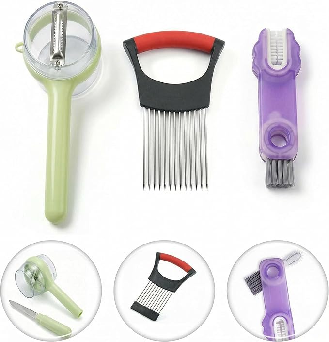 3-Piece Kitchen Set – Stainless Steel Onion Holder Slicer with 10 Forks, Peeler with Storage Box, 3-in-1 Cup Lid & Gap Brush – for Slicing Potato, Avocado, Eggs, Lemon, Meat