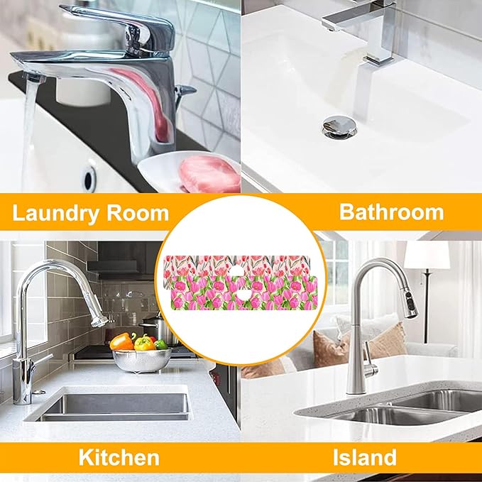 2 Pack Watercolor Tulips Sink Faucet Absorbing Mat Pink Tulips Super Absorbent Fast Drying Mat Sink Gadgets Behind Faucet Sinkmat for Kitchen Bathroom, 23.5"x5.5"