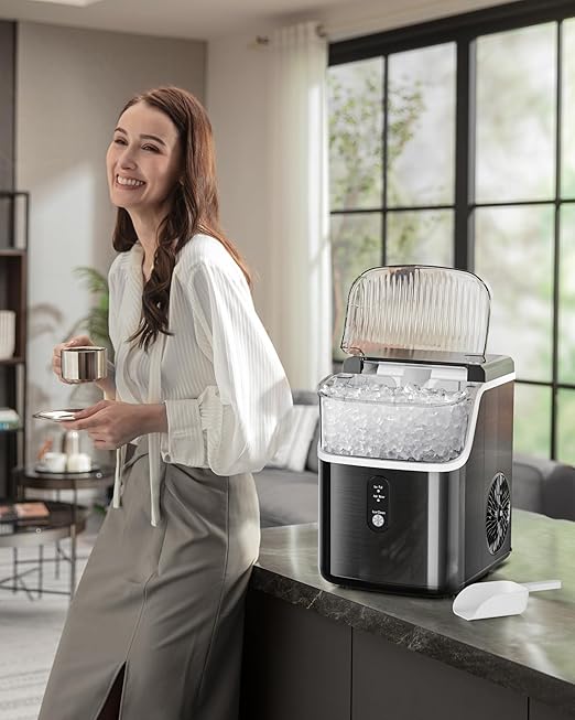 Kismile Nugget Ice Maker Countertop,35Lbs/24H Pellet Ice Machine with Chewable Ice,Self-Cleaning Pebble Ice Maker with Ice Scoop,One-Click Operation,for Home/Kitchen/Office(Black)