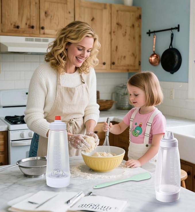 Pancake Batter Dispenser,Pancake Batter Dispenser Bottle with Whisk Ball and Stand Base, Batter Mixer and Dispenser for Pancakes, Crepes, Waffle,Kitchen Baking Tool 2 Packs