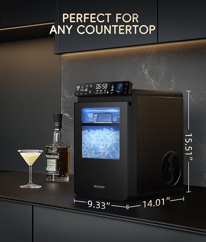 ecozy Nugget Ice Maker Countertop, Smart Pebble Ice Machine with APP Control, 44 lbs Per Day Soft Pellet Chewable Ice with Self-Cleaning, Black