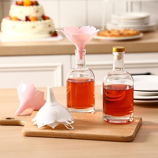 LemonRoad 4pcs Different Flower Plastic Kitchen Funnel Hangable Multi Purpose Pink White Lotus Cherry Blossom Shape Kitchen Funnels for Filling and Transferring Liquids, Spices, Particles