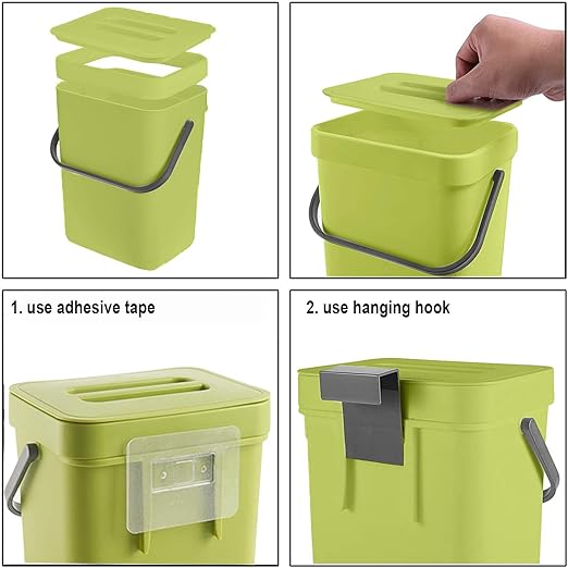 LALASTAR Food Waste Basket Bin for Kitchen, Small Countertop Compost Bin with Lid, Odor-Free Food Scrap Container, Wall Mounted Garbage Can, 3L/0.8 Gal, Green