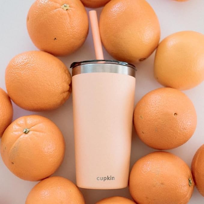 CUPKIN Toddler Tumblers, The Original 12 oz Stackable Stainless Steel Cups, Set of 2 Powder Coated Insulated Kids Water Bottle Alternative & BPA Free Lids + Reusable Silicone Straws (Peach + Teal)