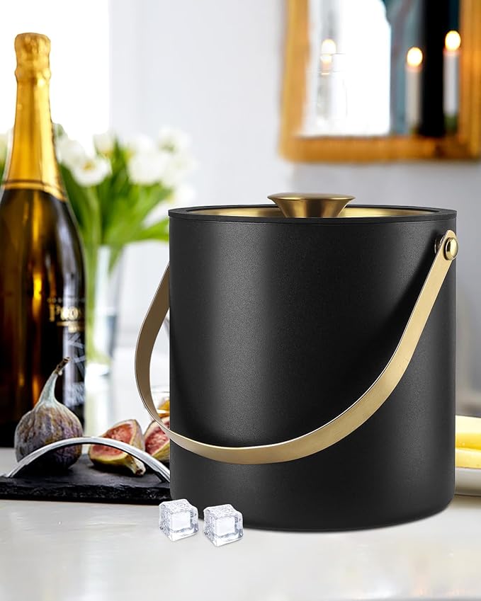 Bakpoco 3L Ice Bucket with Silicone Lid, Scoop, Gold Tongs & Strainer, Stainless Steel Double Wall Insulated Ice Buckets for Parties & Cocktail Bar, Outdoor Champagne Ice Container Bin, Black