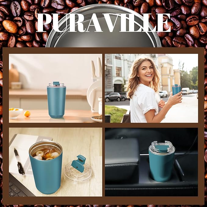 Puraville Insulated Tumblers with Lid, 10 oz Travel Coffee Mug Stainless Steel Vacuum Cup, Leak Proof Reusable Double Walled Coffee Tumbler for Iced and Hot Drinks, Peacock Blue