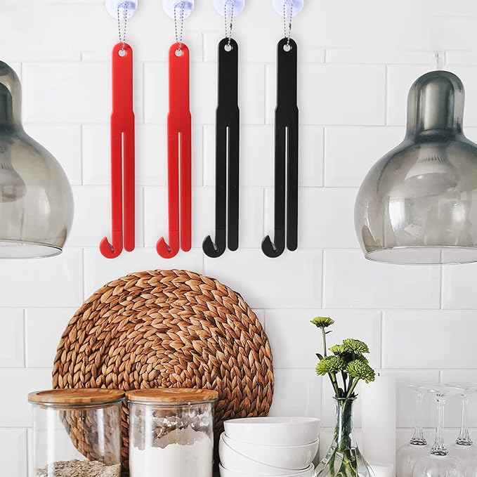 6pcs Food Bag Opener Cutter with Stainless Steel Blade, Plastic Food Pouch Squeezer with Easy Hanging Chain & Suction Cup for Bag Opening Home Restaurant Kitchen Tool (Red, Black)