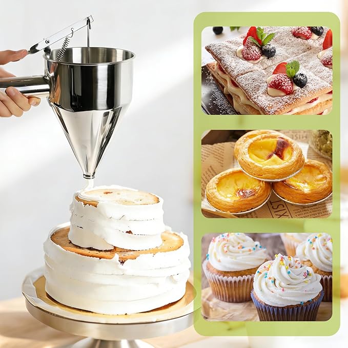 40oz Stainless Steel Pancake Batter Dispenser, Pancake Dispenser with Stand and Squeeze Handle, 4 Interchangeable Nozzles for Pancakes, Cupcakes, Waffles and Baked Goods