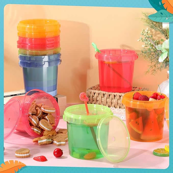 Funnymoom 16 Pack 32 oz Plastic Rum Buckets for Drinks with Straws Ice Cream Cocktail Bucket with Lids and Handles Reusable Food Containers Cup for Parties Summer Beach Bar Beer (Muticolor)