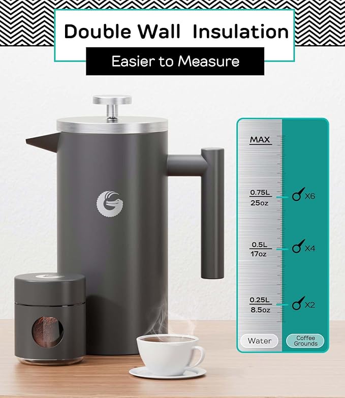 Coffee Gator 304 Grade Stainless Steel French Press Coffee Maker 34 oz, Double Wall Insulated Hot Cold Brew Teapot with 4-Level Filtration System, Include Travel Jar Canister, Kitchen, Gray