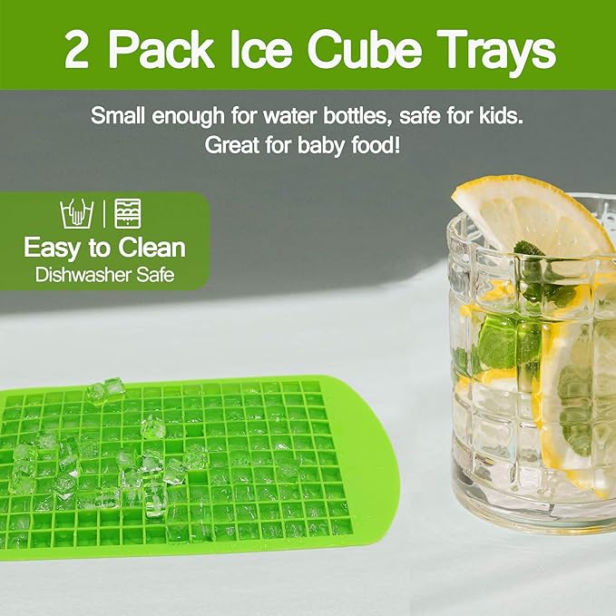 Silicone Mini Ice Cube Trays 2 Pack, 160 Small Ice Cube Molds Easy Release Crushed Ice Cube for Chilling Whiskey Cocktail, BPA Free Flexible Stackable and Durable Soft Mold Storage Containers (Green)