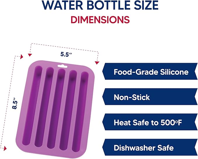 HIC Kitchen Silicone Water Bottle Ice Tray, Non-Stick, Makes 5 Long Ice Sticks