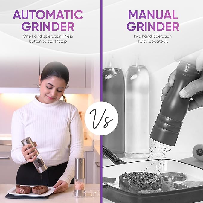 Rechargeable Automatic Salt and Pepper Grinder Set - One Hand Operation with LED Light for Precise Seasoning - Adjustable Coarseness with Ceramic Core - Set of 2