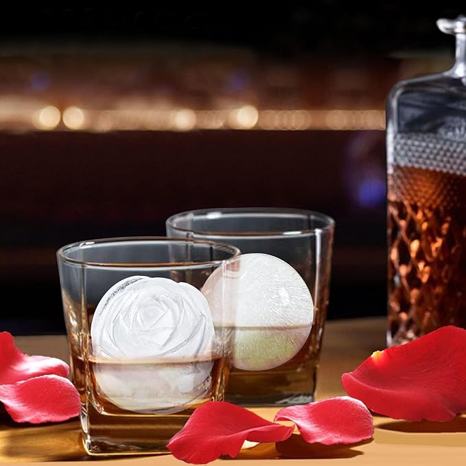 2 Pack Silicone Ice Cube Trays, Pink Rose Ice Cube Mold, Large Sphere Ice Mold with Funnel-type Lid, Makes 6 Rose & 6 Round Ice Balls for Chilling Whiskey Cocktails Drinks