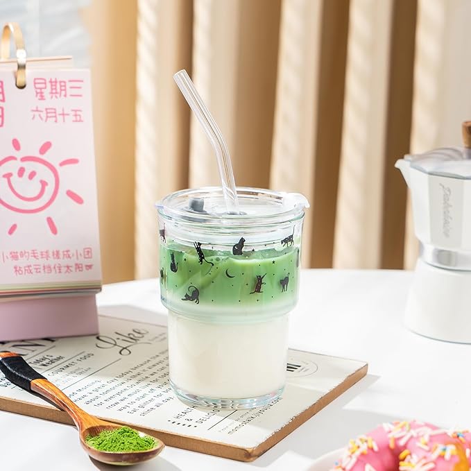 Olvini 13oz Glass Tumbler with Straw and Lid, Reusable Iced Coffee Cup Tumbler, Cute Glass Cups for Water, Matcha, Travel Coffee Mugs (Black Cat - 13oz)