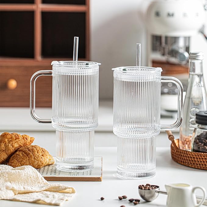 INSETLAN 24oz Ribbed Glass Tumbler with Handle & Lid – 2-Pack Large Iced Coffee Cups with Straws, Modern Glass Mug for Cold & Hot Beverages, Aesthetic Travel Cup for Smoothies, Tea, and Juice
