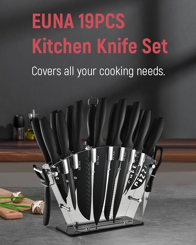 EUNA Kitchen Knife Set, 19 PCS Black Knife Set with Acrylic Block and Sharpener, German High-Carbon Stainless Steel Knife Sets with 6 Serrated Steak Knives, Bread Knife, Chef Knife, Dishwasher Safe
