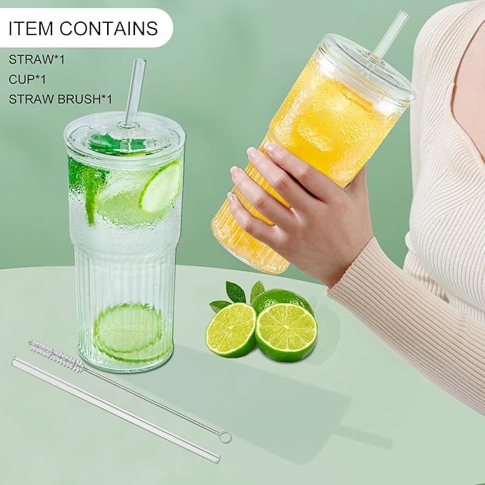 Luiaiog Glass Cups with Lids and Glass Straws, High Borosilicate 20OZ Tumblers for Coffee, Tea, Juice, Smoothies, Hot/Cold Drinks at Home, Office