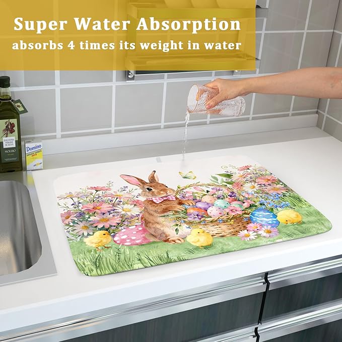 Easter Rabbit Eggs Dish Drying Mat for Kitchen Counter 18x24 Inch Spring Flowers Large Microfiber Dish Drainer Rack Mats