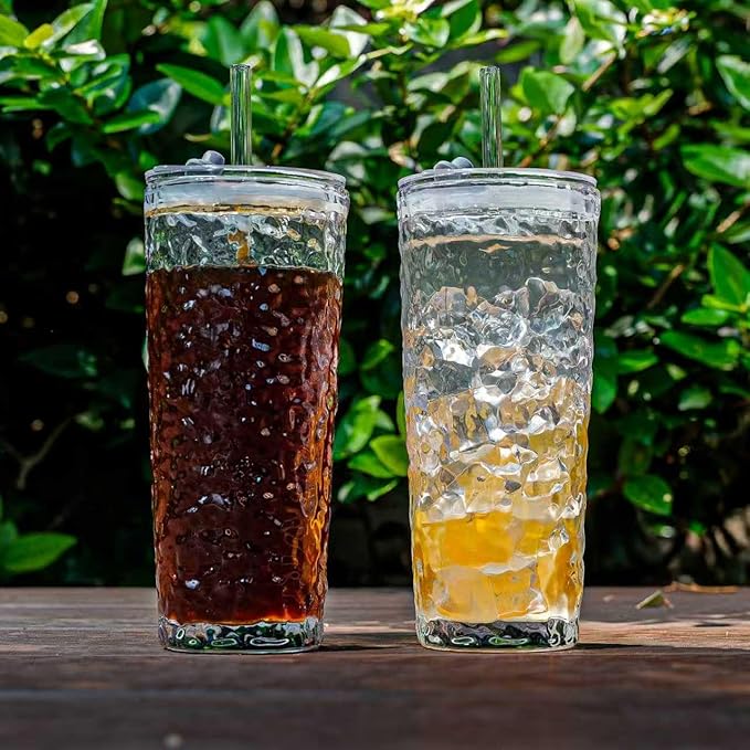 20oz Glass Tumblers with Lids and Straws - Stylish Vintage Ribbed Design for Iced Coffee, Juice, Smoothies, Milkshakes, Cold Beverages & Whiskey Cocktail Beer (Pure Bark - Texture)