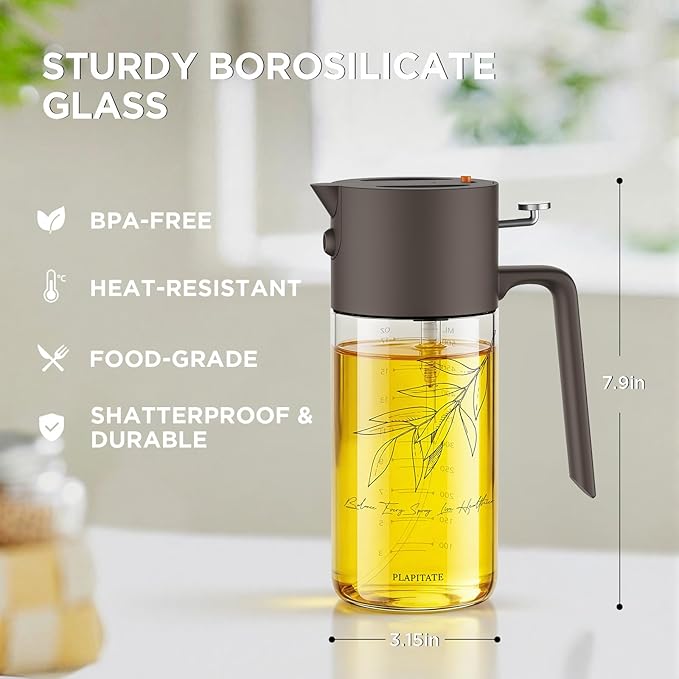 PLAPITATE 17oz/500ml Premium Olive Oil Sprayer for Cooking, 2 in 1 Glass Olive Oil Dispenser Bottle for Kitchen Gadgets, Spray Bottle with Portion Control for Salad, Frying, BBQ (Gray)