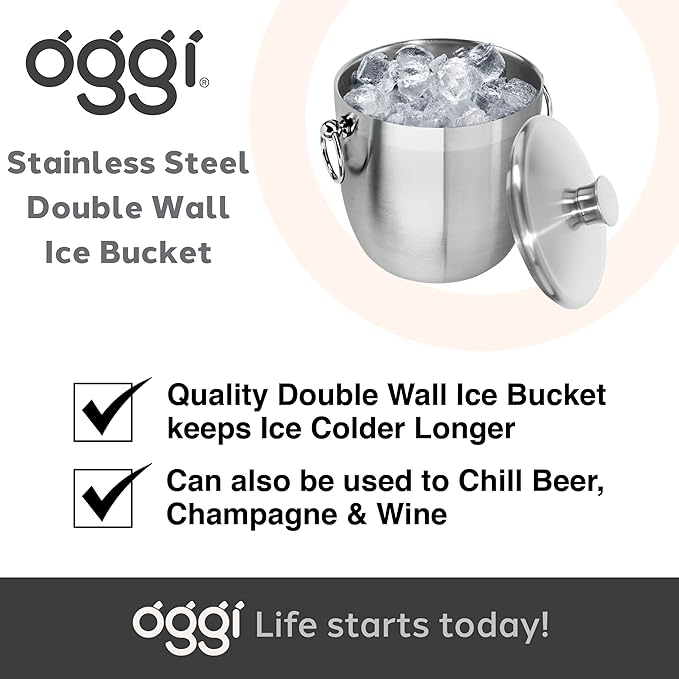 OGGI Double Wall Stainless Steel Ice Bucket - Insulated Ice Bucket with Elegant Steel Lid, Classic Handles & Stainless Steel Ice Tongs - Great for Home Bar, Chilling Beer, Champagne and Wine - 3 qt