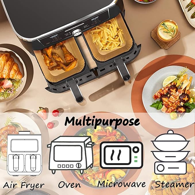 Air Fryer Paper Liners for Dual Zone Airfryer, 200pcs Rectangle Disposable Inserts for Ninja Foodi DZ201 DZ401 DZ550, Bella Slim 4 qt & other 8-10 qt 2-Basket Air Fryers (9'' x 6'' on Top)