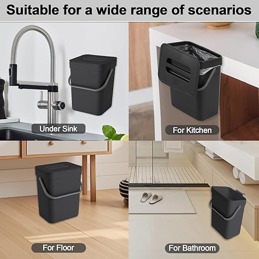 1.3 Gallon/5L Kitchen Compost Bin, Suitable for Countertops or Under Sink, Hanging Hook Trash Can with Lid, Ideal for Cabinets/Bathrooms/Bedrooms/Offices/Camping (Black)