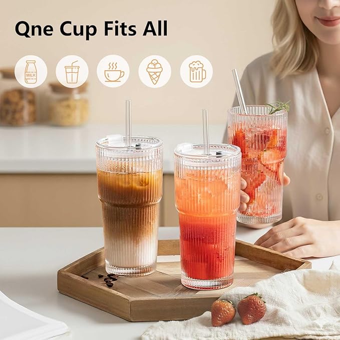 Ruckae 20oz Reusable Ribbed Glass Tumbler Set – 2 Pack Leakproof Glass Cups with Bamboo Lids,Thickened Glass– Aesthetic Iced Coffee Glasses for Home, Office, Travel, and Gifts (4, Transparent)