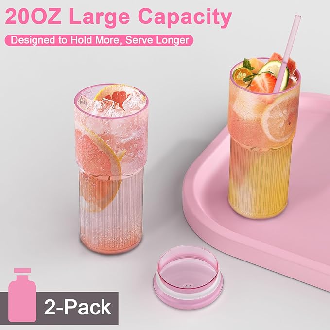 Luiaiog Glass Cups with Lids and Glass Straws, High Borosilicate 20OZ Pink Tumblers (2Pcs) for Coffee, Tea, Juice, Smoothies, Hot & Cold Drinks at Home/Office