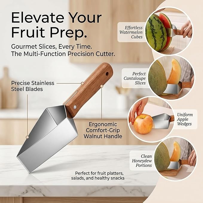 Triangle Watermelon Cutter Large Stainless Steel Melon Slicer Tool Ergonomic Wooden Handle Multifunction Function Summer Divider Wheel Handheld Cutting Fruit Kitchen Gadget Camping Picnic(3pcs)
