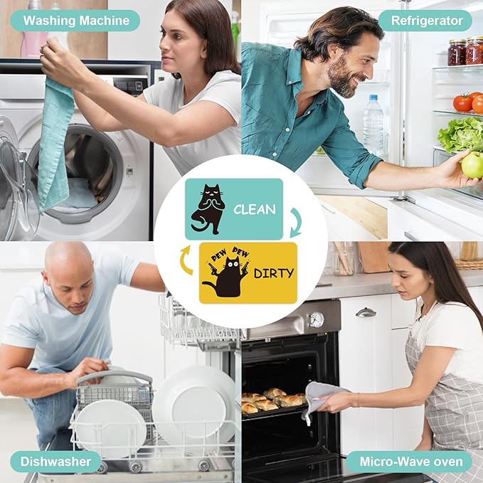Funny Black Cat Clean Dirty Dishwasher Magnet - Cute Refrigerator Kitchen Magnet, Non-Scratch Strong Double Sided Washing Machine Sign, Housewarming Gifts for Cat Lovers, Home Apartment Essentials (Green&Yellow)