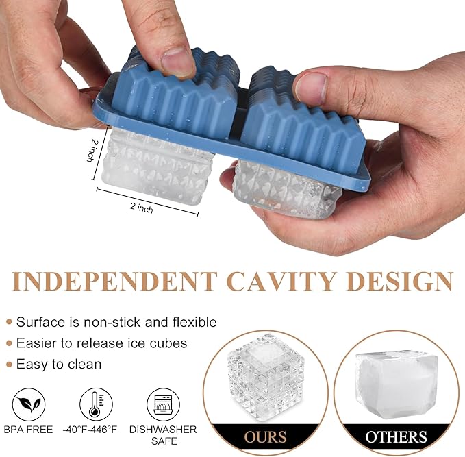 2-Inch Whiskey Ice Cubes Mold,Silicone Ice Cube Trays with Lid | Diamond Textured Large Square Ice Cube Mold,Bourbon Ice Cube Molds,Ice Trays-Ice Molds for Whiskey,Cocktails,Blue
