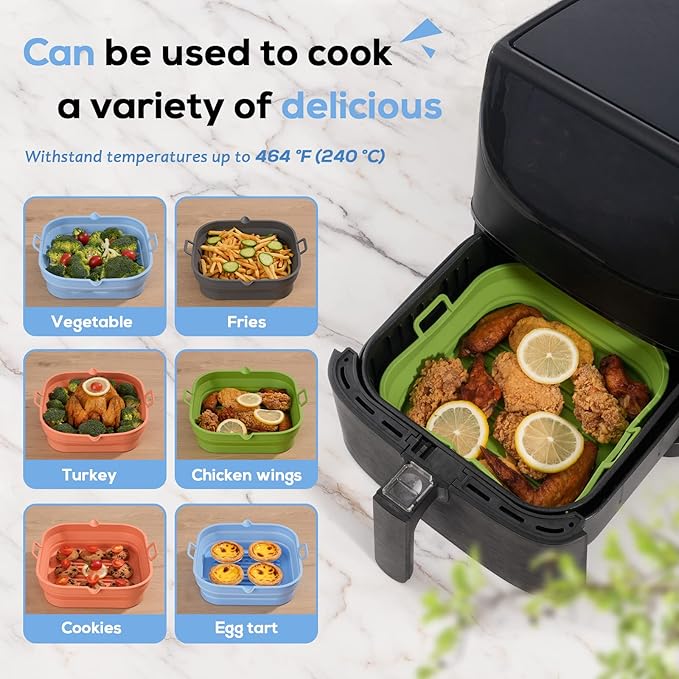 Silicone Air Fryer Liners Square - Reusable Airfryer Collapsible Basket - Easy to Clean Air Fryers Pot for 5.8 to 8 Qt Baking Tray Oven Accessories, 8.5 Inch Large