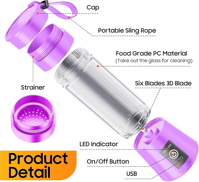 2026 Newly Upgraded Portable Smoothie Blender - Cordless Personal Blender Type-C Rechargeable, 13Oz Juice Cup BAP Free, 20,000Rpm Speed Powerful Blending, Freshly Squeezed in Sports/Office