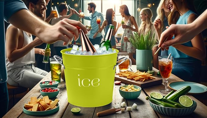 3Qt Chartreuse Galvanized Ice Bucket with Lid, Scoop & Handles - Ideal for Cocktails, Parties, BBQs, Wine & Champagne. Double-Layer Insulated Outer & Galvanized Inner Layer