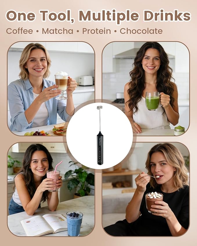 Electric Handheld Milk Frother Wand Rechargeable, 3-Speed Preventing Splashing Drink Mixer with Stand, 10-Second Frothing for Coffee, Matcha, Latte, Cappuccino, and Protein Shakes, Black