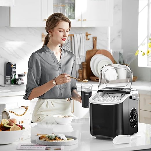 Kismile Countertop Ice Maker with Handle, 26Lbs/Day, 9 Ice Cubes in 6 Mins, Self-Cleaning Portable Ice Machine for Home, Kitchen & Office (Black)
