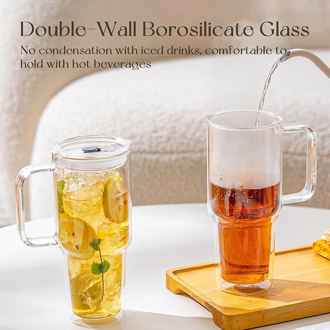 KEMORELA 2 Pack 28oz Double Wall Glass Tumblers with Handle, Lids & Straws – Large Insulated Clear Glass Coffee Cups for Iced Coffee, Matcha, Smoothies, Bubble Tea & Cold Drinks