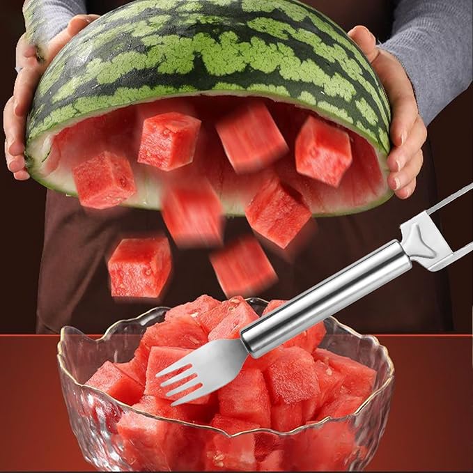 2-in-1 Stainless Steel Fruit Cutter, Watermelon Fork Slicer Cutter, Dual Head Watermelon Cuber Cutting Tool Knife Summer Fruit Cutting Fork for Home Party Camping Kitchen Gadget