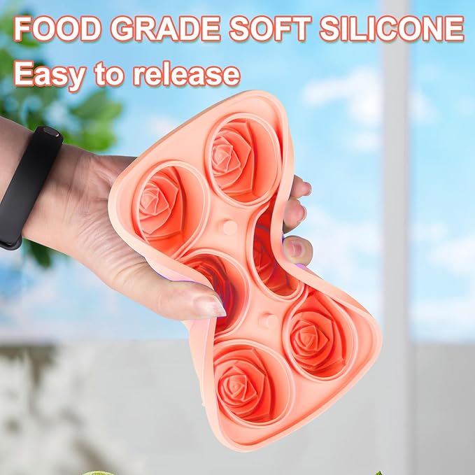 2 Pack 3D Rose Ice Cube Mold, Ice Cube Trays for Freezer with Lid, 6 Grid Silicone Easy Release Ice Trays, Rose Cute Ice Mold for Valentine's Day Gif, Date Drinks, Coffee, Whiskey, Cocktail (Pink)