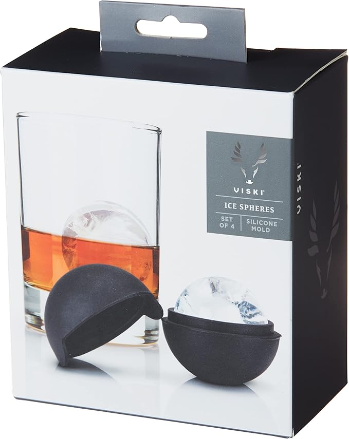 Viski Sphere Ice Molds, Large 2 Inch Silicone Ice Ball Makers for Whiskey, Bourbon, Scotch, and Cocktails, Easy Release Round Mold Set for Drinks, Home Bar Gifts, Bar Cart Accessories, Set of 4