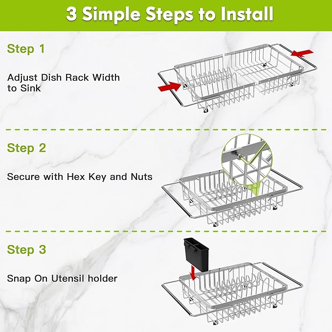 Expandable Stainless Steel Dish Drying Rack Over The Sink For Small Kitchen, Counter Space Saving Compact Metal Plate Drainer Strainer, Adjustable Hanging Inside Sink Rust Proof Wire Dryer Holder