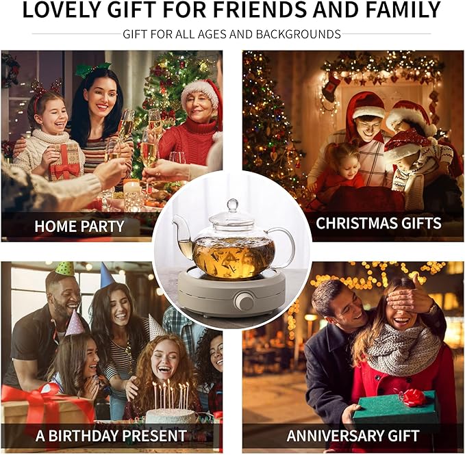 Glass Teapot Set, 34OZ/1000ML Glass Tea Kettle with Loose Tea Infuser & Warmer, 5oz/150ML Tea Cup & Saucer Set of 4, Stovetop & Microwave Safe Tea Maker, Blooming Tea Gift Set For Women