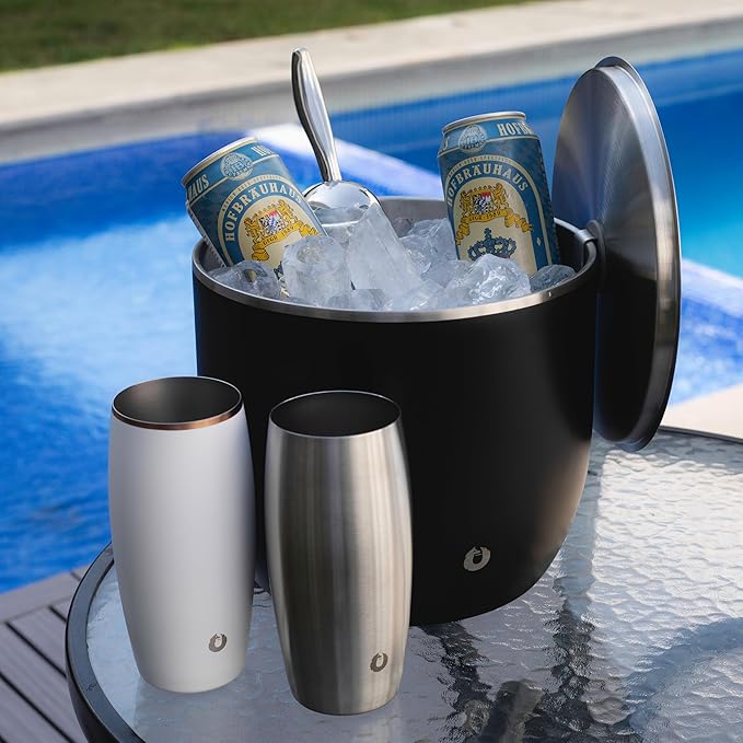 Snowfox XL - Insulated Ice Bucket with Lid/Scoops, Premium Vacuum Insulated Stainless Steel Ice Buckets for Parties, Ice Box, Home Bar Accessories, Parties Supplies, Bar Decor, 7L, Natural Teak