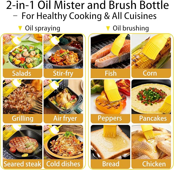 16oz/470ml Glass Olive Oil Sprayer for Cooking – 2 in 1 Canola Oil Spray Bottle for Kitchen, Wide-opening Spray Bottle with Silicone Basting Brush, Kitchen Gadgets for Air Fryer, Salad, BBQ