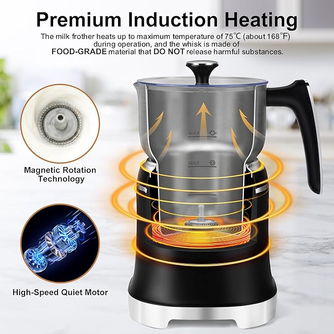 7-IN-1 Milk Frother, 20.3 OZ Milk Frother and Steamer with Temperature Control Stainless Steel Electric Milk Frother Dishwasher Safe Hot and Cold Foam for Latte Hot Chocolate Cocoa (Black)