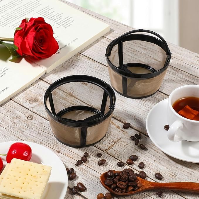 2Pcs Reusable Coffee Filter Basket, Gold Mesh Coffee Filter with Handle for Mr. Coffee, Black+Decker, and Most 4-5 Cup Basket-Style Brewers